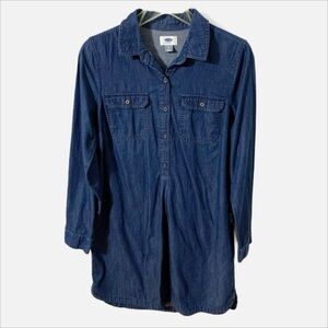 Old Navy Long Sleeve Dark Wash Denim Pointed Collar Jean Shirt Dress 3/4 Sleeves